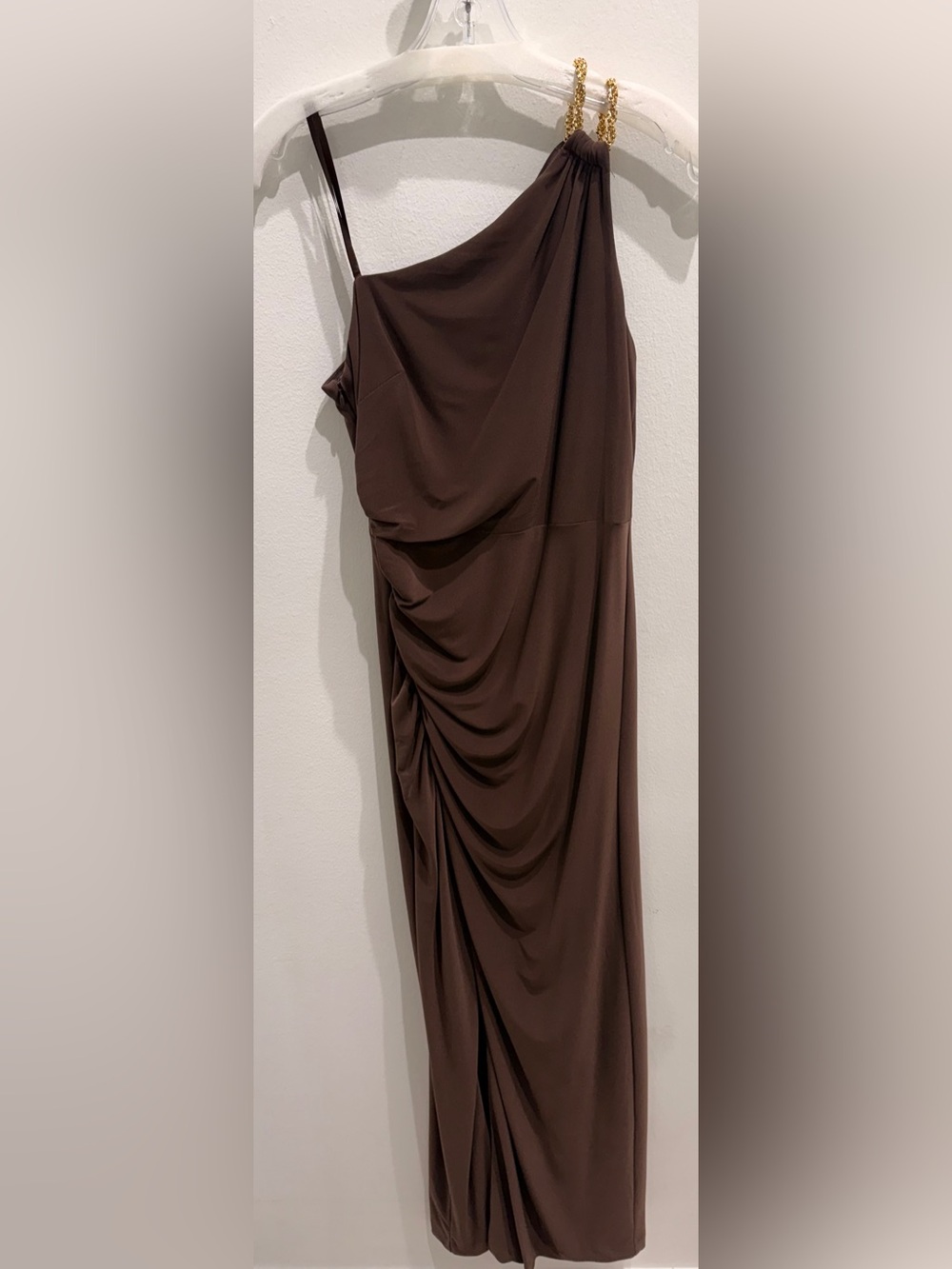 Adrianna Papell Chocolate Brown One-Shoulder Draped Maxi with Gold Chain